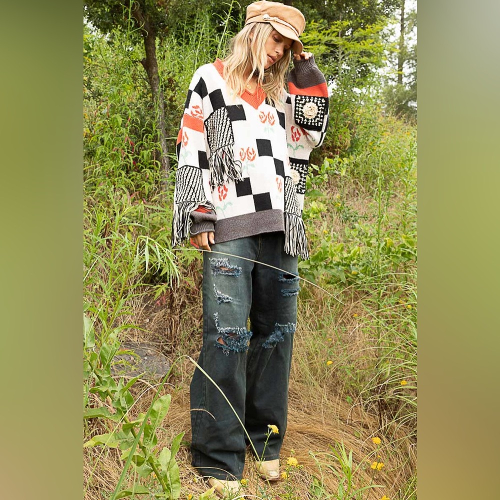 New Pol Oversized thick sweater Beautiful Gem with Details patchwork - Picture 4 of 4